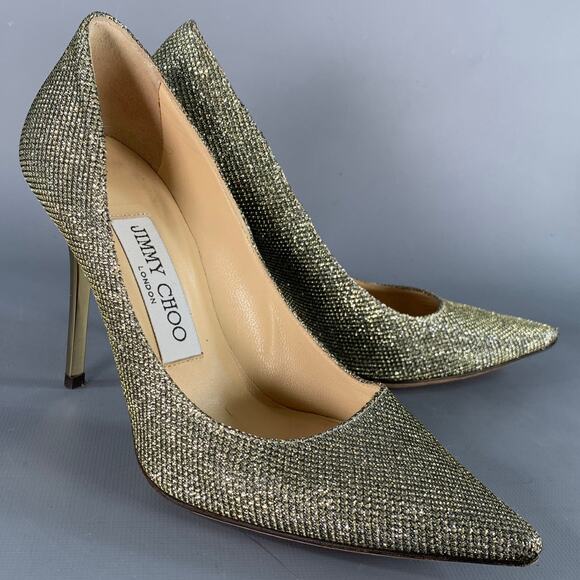 JIMMY CHOO Size 4 Gold Glitter Pointed Toe Stiletto Pumps - Picture 1 of 8